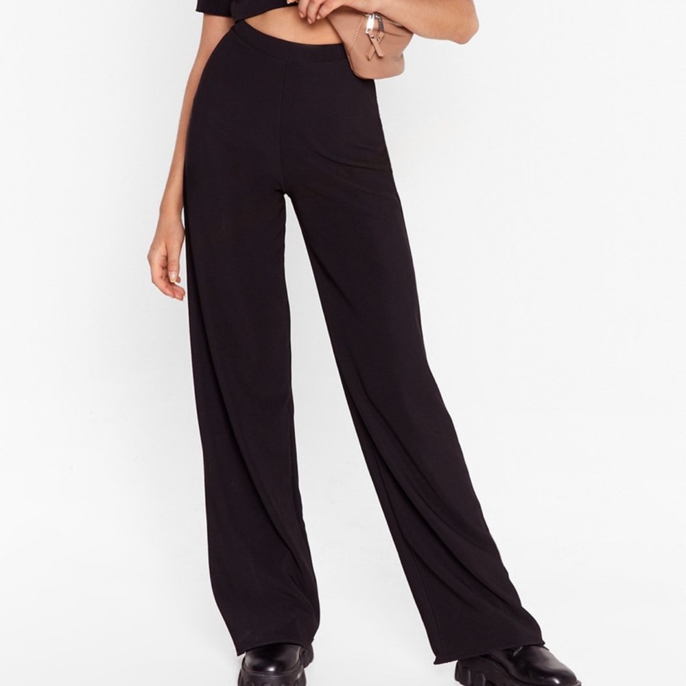 Ribbed Wide Leg Black Pants